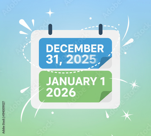Calendar highlighting New Year's dates December 31, 2025, and January 1, 2026, in a festive illustration style