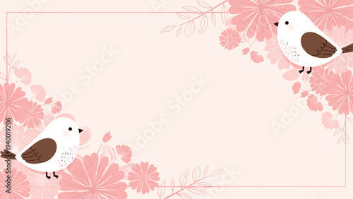 Two cute white birds perched in opposite corners of a pink floral frame with a soft light background art.