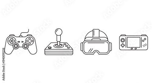 Minimal Monoline Gaming Icon Pack, 4 Objects Controller Joystick VR Headset Handheld Console Stroke Set