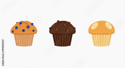 Assortment of three delicious muffins with blueberry, chocolate chip, and banana flavors, presented on a white background