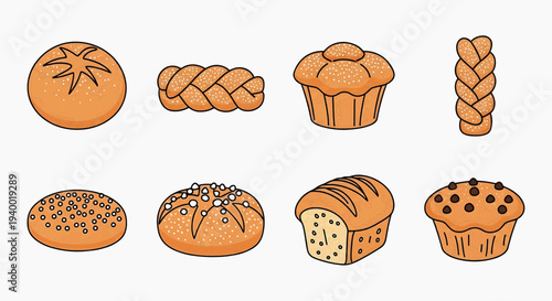 Charming vector icon set illustrating a delightful variety of freshly baked bread and pastry, featuring buns, braided loaves, and muffins in an appealing outline style