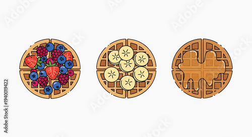Delicious Waffles with Fresh Mixed Berries, Sliced Bananas, and Sweet Syrup Drizzle - A Delightful Breakfast or Dessert Vector Illustration Assortment