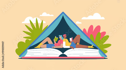 Creative concept illustration of people reading inside a book tent with plants and sky background