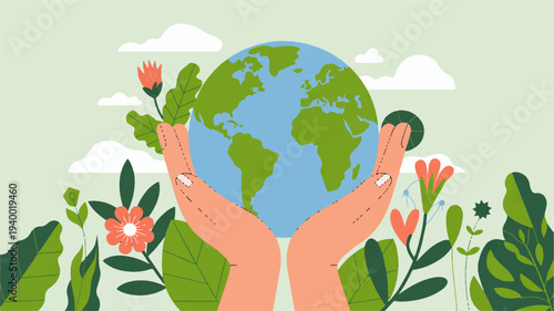 Hands cradling earth globe with lush greenery and vibrant flowers symbolizing environmental protection and conservation on earth day