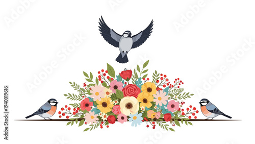 Beautiful floral arrangement of colorful daisies and roses flanked by two small birds while a third bird flies above the center of the bouquet.