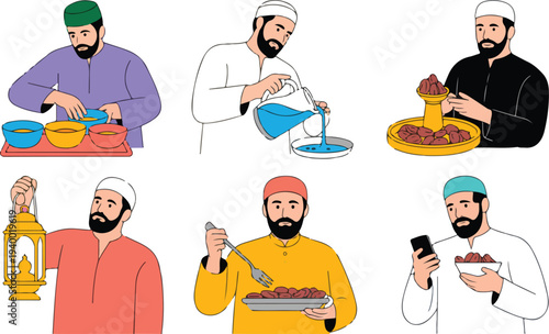 Ramadan gathering illustration with people preparing traditional meals creating peaceful anticipation for iftar celebration cultural vector scenePrint
