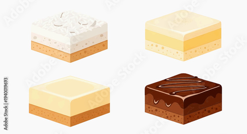 Collection of four square cakes with different toppings, including chocolate and vanilla frosting, depicted in isometric view