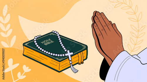 Praying hands beside holy bible with rosary on yellow background with leaves