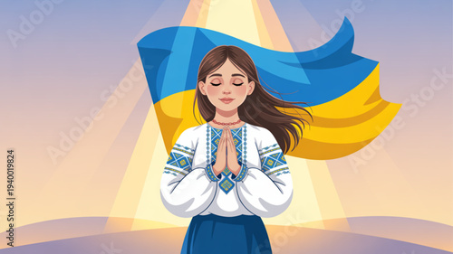 Woman in traditional ukrainian clothing praying with ukrainian flag flowing behind her against a serene landscape