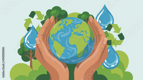 Hands cradling earth globe with lush greenery and water droplets symbolizing eco friendliness and environmental conservation