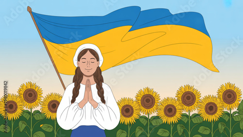 Ukrainian woman in traditional clothing holding flag in sunflower field peacefully