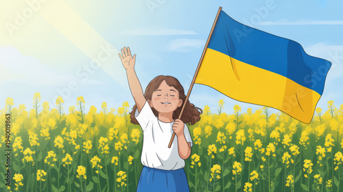 Smiling young girl waving and holding ukrainian flag in sunny yellow flower field with blue sky