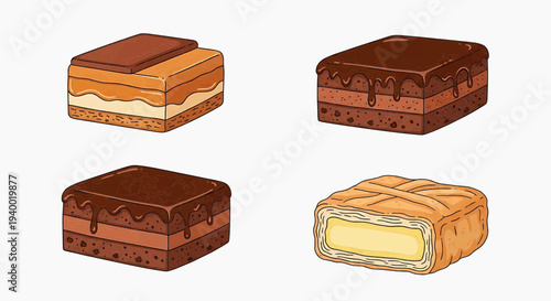 A delightful assortment of four distinct chocolate and cream-filled dessert squares, showcasing layered textures and rich glazes