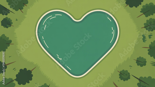 Green heart symbol on natural grass background with trees representing eco love and care for environment