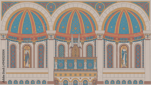 Ornate synagogue interior with three domes and arches jewish temple architecture