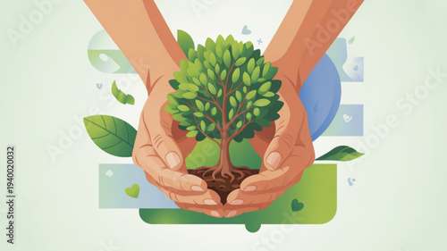 Hands cradling a small tree with green leaves and soil symbolizing environmental care and conservation