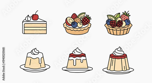 Delicious Collection of Illustrated Desserts and Sweet Treats Featuring Varied Cakes, Fruit Tarts, and Puddings, Perfect for Bakery Menus or Confectionery Designs