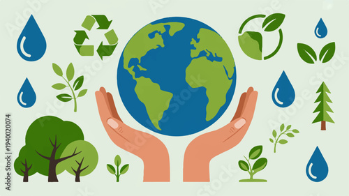 Hands supporting planet earth surrounded by eco friendly symbols and green leaves on light background