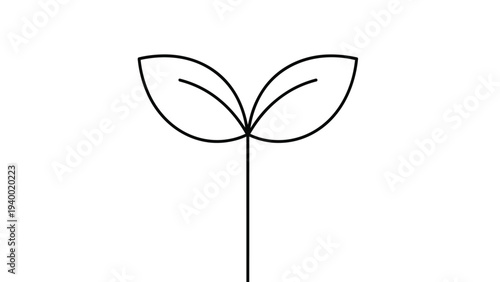 Simple minimalist line drawing of a small green plant sprout with two leaves growing from a single stem symbolizing new beginnings and nature.