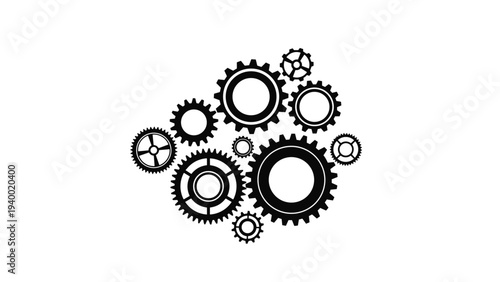 Group of black mechanical gears and cogs of various sizes interlocked in a cluster representing industrial teamwork, machinery, and progress.