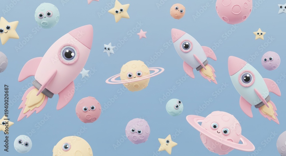 Obraz premium Cute cartoon rockets and planets in a whimsical space scene illustration with playful characters and stars