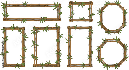 Set of natural bamboo frames with green leaves in different shapes including rectangular square and octagonal isolated on white background.