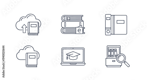 Set of Education and E-learning Vector Line Icons. Digital Library, Cloud Storage, Online Study. isolated PNG with Transparent Background