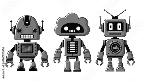 Set of three different robot character designs in grayscale including a cloud head robot and a classic toy robot for technology concepts.