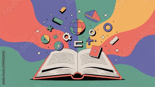 Imaginative vector illustration of an open book with colorful objects flying out symbolizing creativity and knowledge on a vibrant abstract background