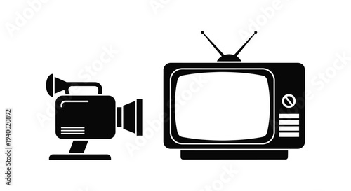 A vintage television set and film camera are depicted in a stark black and white composition silhouette high quality professional