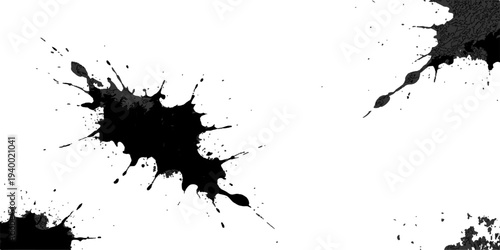 Abstract an artistic composition of striking ink splatters and black paint blotches, creating a dramatic visual impact with a dynamic interplay of texture and form.