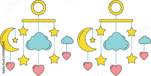 Baby crib mobile set with moon clouds stars and hearts hanging toys flat vector illustration isolated on white background.