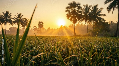 Golden Sunrise Over Rural Landscape with Palm Trees