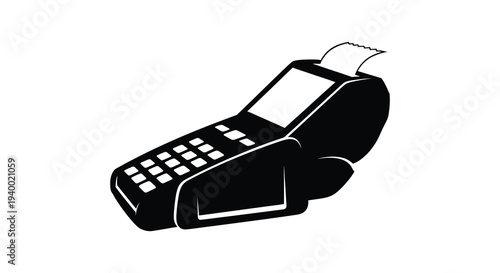 A stark black silhouette depicts a modern point of sale terminal with a receipt printer showcasing digital transactions