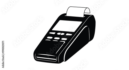 A sleek black point of sale terminal with a paper roll depicted in a striking silhouette high quality