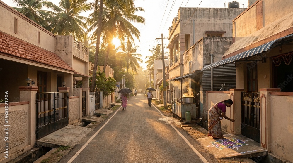 Fototapeta premium Quiet Residential Street Glowing in Warm Morning Light
