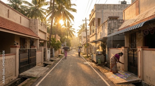 Quiet Residential Street Glowing in Warm Morning Light