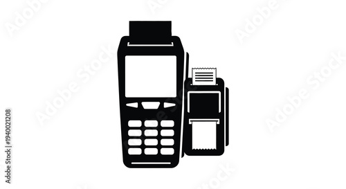 A black silhouette of a modern point of sale terminal with a card reader and receipt printer silhouette