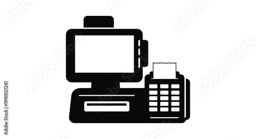 A stark black silhouette depicts a point of sale system with a monitor base and receipt printer silhouette