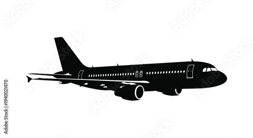 A stark black silhouette of a commercial passenger airplane in flight against a plain white background silhouette