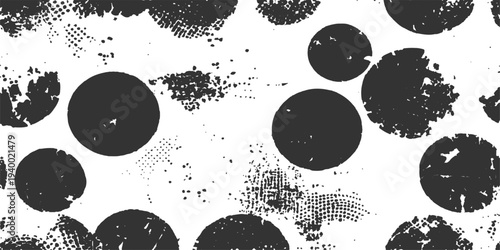 Abstract a grunge texture is characterized by a random pattern of distressed black circles of varying sizes, scattered on the a light background, exuding an organic and weathered look.