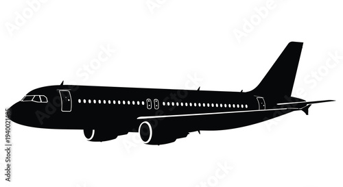 A stark black silhouette of a commercial passenger airplane in flight against a white background silhouette high quality