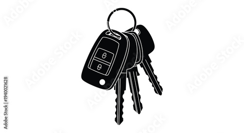A minimalist depiction of car keys hanging from a keychain rendered in stark black and white silhouette