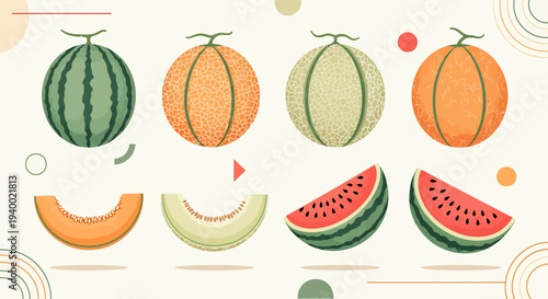 Assorted Melons and Watermelon Slices, Fresh Summer Fruits Variety