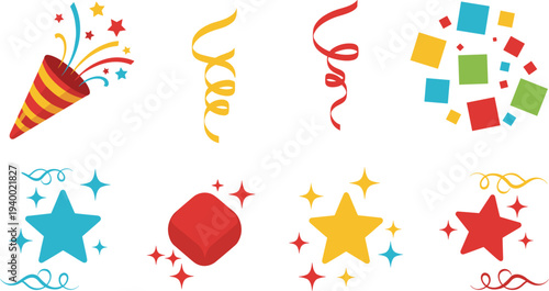 Colorful party celebration elements set with confetti popper streamers stars and sparkles for birthday anniversary carnival event.