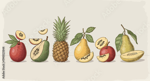 Assortment of Fresh Fruits: Pineapple, Pears, Apples, and Kiwi Slices on a Light Background