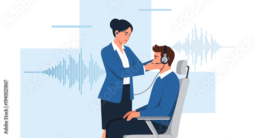 Audiologist performing hearing test on patient with headphones, sound waves illustration