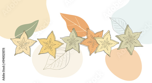 Autumn Starfruit Garland with Falling Leaves and Abstract Shapes