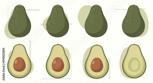 Avocado Halves and Whole Avocados Set, Fresh Green Fruit, Healthy Food Illustration