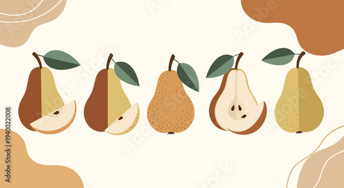 Flat Design Pear Illustration: Whole, Sliced, and Halved Pears with Leaves